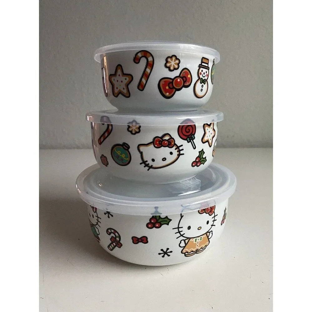 Set Of 3 Hello Kitty Christmas Pressure Lid Ceramic Food Storage Bowls Container